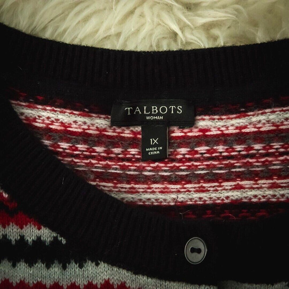 Talbots Plus Size 1X Red Black Nordic Fair Isle Crew Wool Blend Cardigan Sweater - Picture 3 of 5